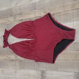 Women's V Neck Backless Ruched Tummy Control One Piece Swimsuit Color Red Wine